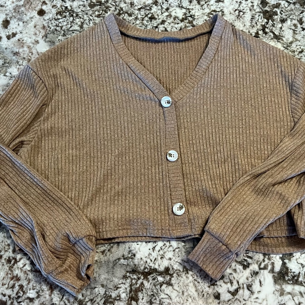 2XL Shein Curve Women Sweater Top Button Ribbed Sweater Tan Brown Plus Size